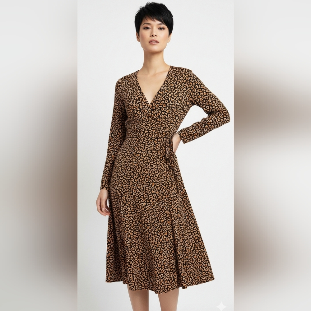 Old Navy Orange Black Leopard Midi Dress Faux Wrap Boho Tribal LT